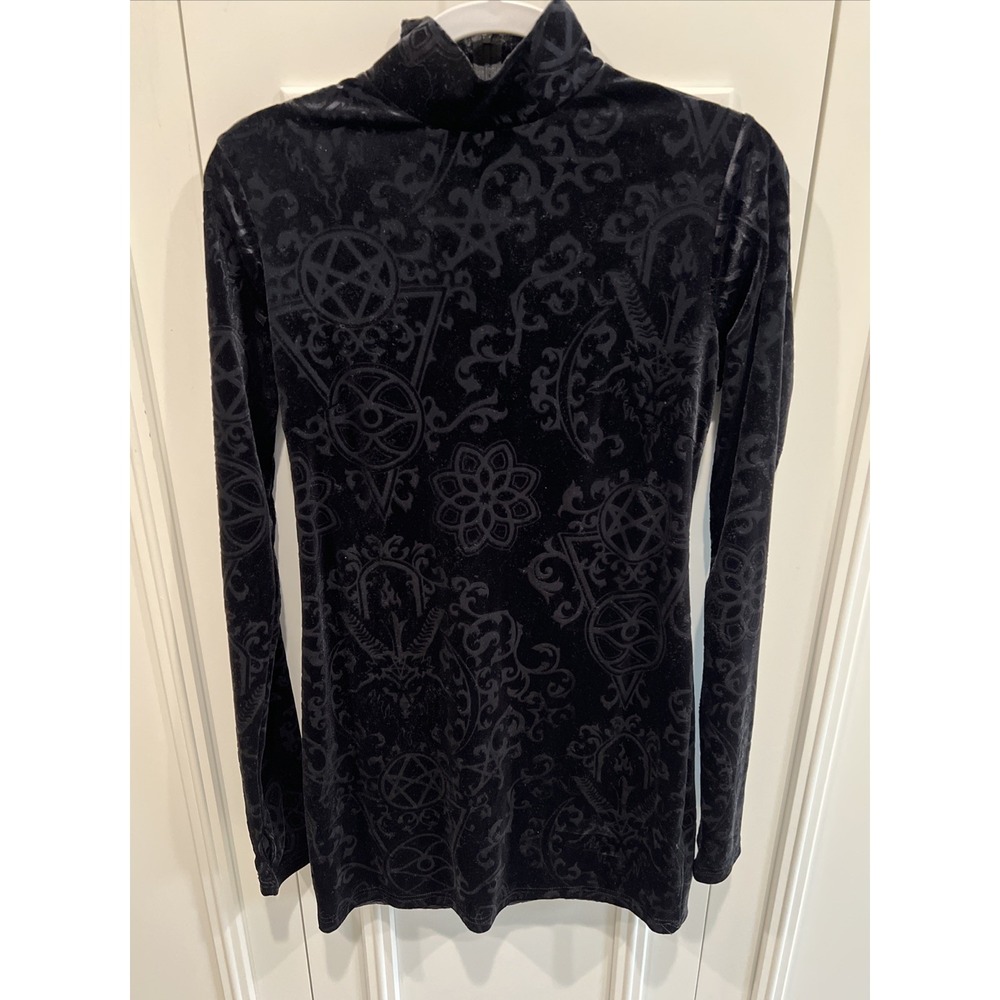 Killstar Black Velvet Long‎ Sleeve Dress Witchy Gothic Symbols Pattern